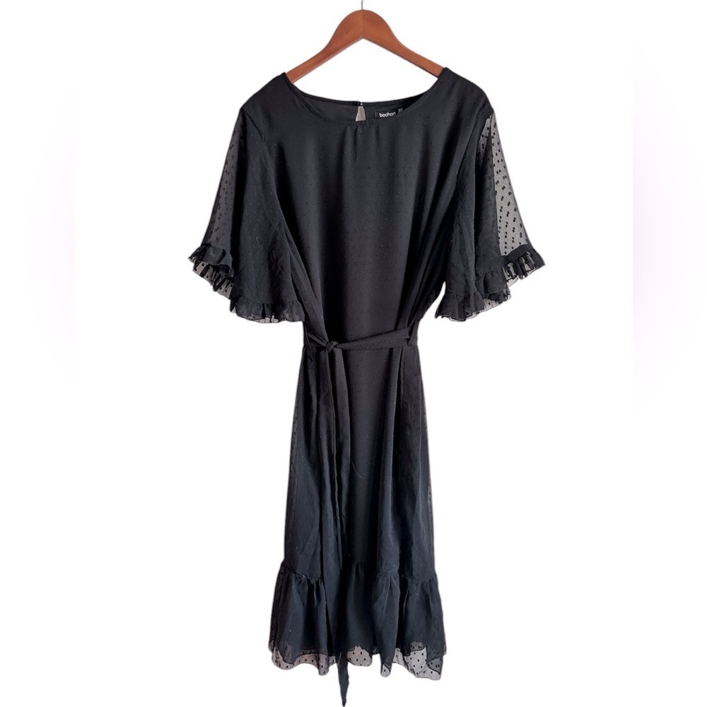 BOOHOO PLUS DOBBY MESH ANGEL SLEEVE MIDI DRESS size 16 Black